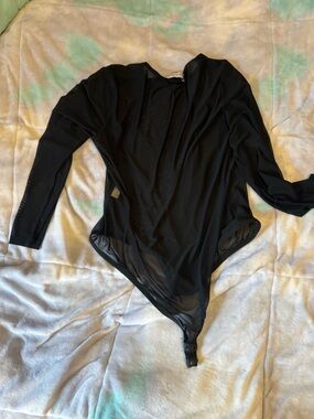 Black Long-Sleeve Sheer Panel Bodysuit by
